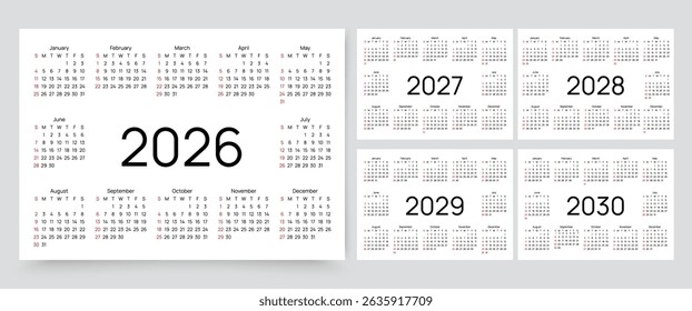 Calendar for 2026, 2027, 2028, 2029, 2030 years. Calender templates. Week starts Sunday. Desk planer grid. Planner layout with 12 months. Yearly diary in English. Vector illustration. Paper size A4