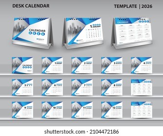 Calendar 2026, 2027, 2028 template, Desk calendar 2026 design, Wall calendar 2026 year, 3d calendar mockup, Blue cover design, Set of 12 Months, Week starts Sunday, planner, flyer design, vector