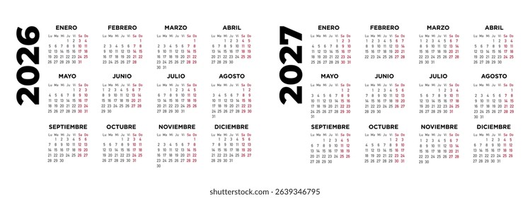 calendar 2026 2027 in spanish. Week starts on Monday. Minimal design