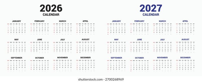 Calendario 2026, calendario 2027 Ilustración de diseño de Vector, inicio de semana Lunes Plantilla de diseño corporativo, Calendario Plantilla