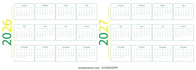 Kalender 2026, 2027 Vektor Woche beginnt am Montag. Kalendersatz für 2026, 2027 Jahre. Kalender 2026 Kalender 2027 Wochenstart Sonntag Corporate Design Planer Vorlage 2026 2027 Portrait Jahreskalender