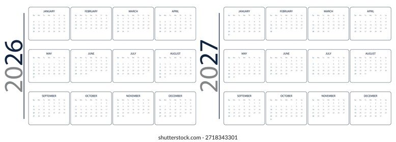 Calendário 2026, 2027 vetor Semana começa na segunda-feira. Calendário definido para 2026, 2027 anos. Calendário 2026 calendário 2027 semana início Domingo modelo de planejador de design corporativo 2026 2027 Retrato Calendários anuais