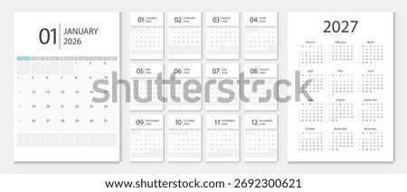 Calendar 2026, calendar 2027 week start Sunday corporate design template vector.