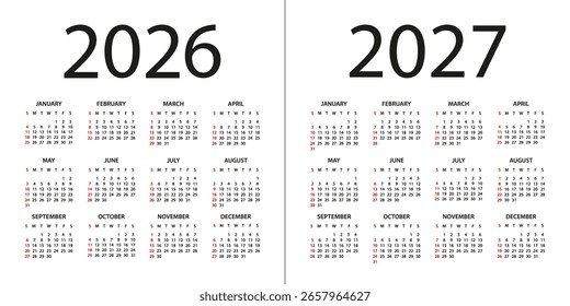 Calendar 2026, 2027 year - vector illustration. Week starts on Sunday. Calendar Set for 2022, 2023 years