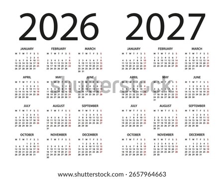 Calendar 2026, 2027 year - vector illustration. Week starts on Monday. Calendar Set for 2023, 2024 years
