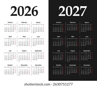 Calendar 2026 and 2027 year. Calendar 2027 year. The week starts on Monday. Calendar template. Vector illustration