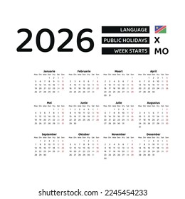 Calendar 2026 Afrikaans language with Namibia public holidays. Week starts from Monday. Graphic design vector illustration..