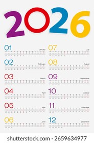 Calendario 2026, Todo el mes, 2 semanas de línea. Ilustración vectorial.