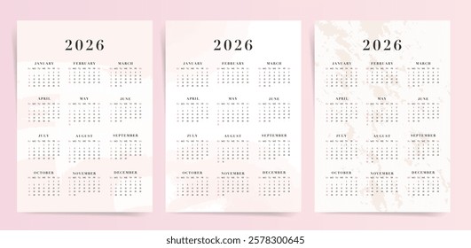 Calendar 2026 Annual One Page A4 Template, Pastel Watercolor Minimal Design Template for Print