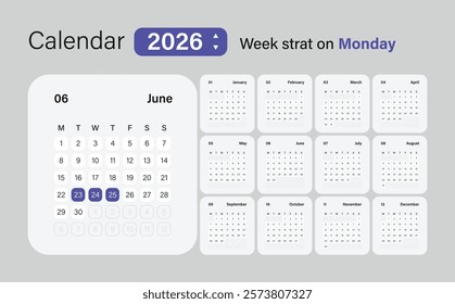 Calendar 2026 application style and the week starts on Monday