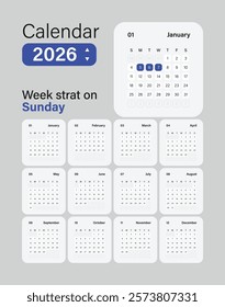 Calendar 2026 application style and the week starts on Sunday