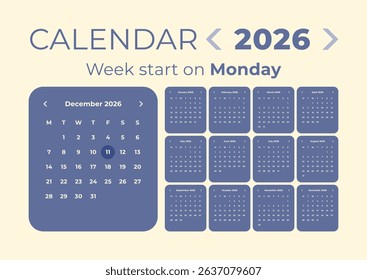Calendar 2026 application style and the week starts on Monday