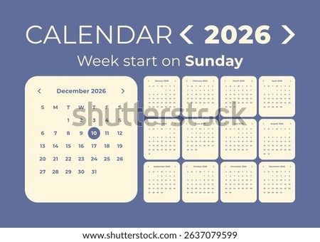Calendar 2026 application style and the week starts on Sunday