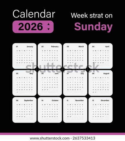 Calendar 2026 application style and the week starts on Sunday