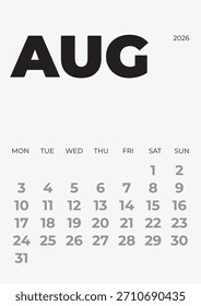 Calendar 2026 August. Week starts on Monday. Vertical planner. Vector Page A4