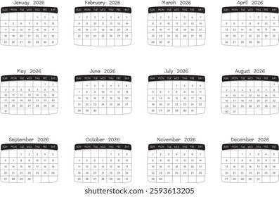 Calendar 2026 black and white. organizer