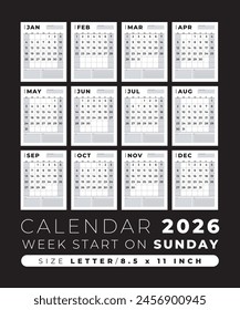 Calendar 2026 blank template clean and minimal design size Letter, Week start on sunday
