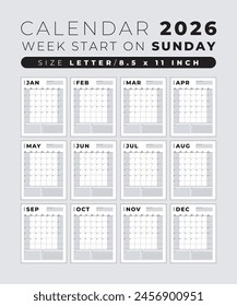 Calendar 2026 blank template clean and minimal design size Letter, Week start on sunday