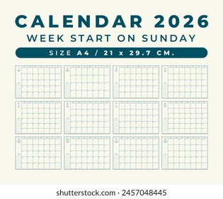 Calendario 2026 Plantilla en blanco limpio y tamaño mínimo de diseño A4, la semana comienza el domingo
