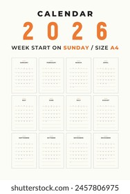 Calendar 2026 blank template clean and minimal design size A4, Week start on sunday