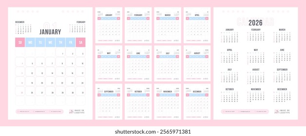 Calendar 2026, Businesswoman Calendar 2026 Sunday Start Pastel Minimal Design Template Vector, Girlish Professional Calendar for 2026 year with 12 Monthly Pages.