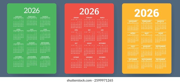 Calendar 2026. Colorful vector set. Pocket calender collection. Week starts on Sunday. Basic grid template for print