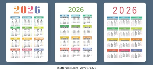 Calendar 2026. Colorful vector set. Pocket calender collection. Week starts on Sunday. Basic grid template for print