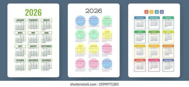 Calendar 2026. Colorful vector set. Pocket calender collection. Week starts on Sunday. Basic grid template for print