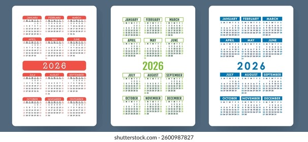 Calendar 2026. Colorful vector set. Pocket calender collection. Week starts on Sunday. Basic grid template for print