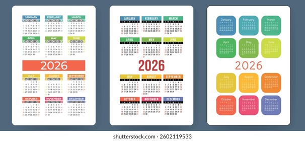 Calendar 2026. Colorful vector set. Pocket calender collection. Week starts on Sunday. Basic grid template for print