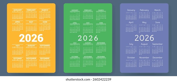 Calendar 2026. Colorful vector set. Pocket calender collection. Week starts on Sunday. Basic grid template for print