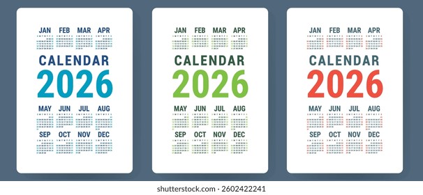 Calendar 2026. Colorful vector set. Pocket calender collection. Week starts on Sunday. Basic grid template for print