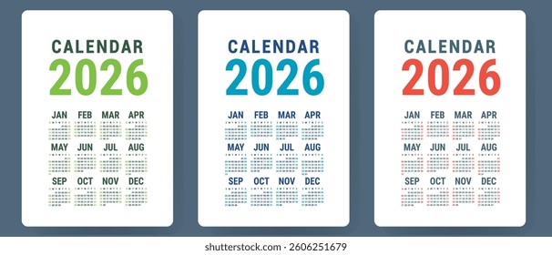Calendar 2026. Colorful vector set. Pocket calender collection. Week starts on Sunday. Basic grid template for print