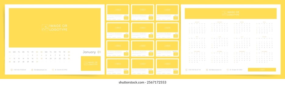 Calendar 2026, Customizable Calendar 2026 Template with Space for Logo and Image, Sunday Start Bright Yellow Design Template Vector