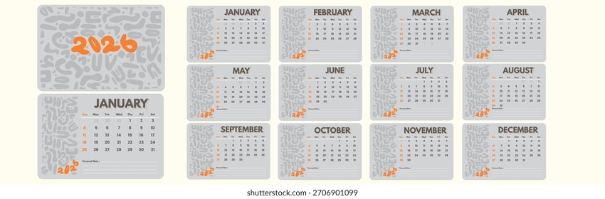 Vetor de modelo de design do Calendário 2026. Calendário de cobertura de 2026.