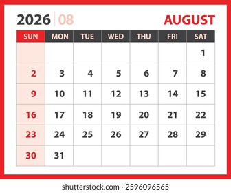 Calendar 2026 design vector, August 2026 template, Desk calendar 2026 template, planner layout, Week starts Sunday, Stationery. Wall calendar on red background, vector eps 10