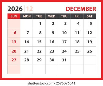 Calendar 2026 design vector, December 2026 template, Desk calendar 2026 template, planner layout, Week starts Sunday, Stationery. Wall calendar on red background, vector eps 10