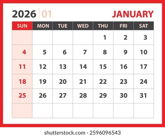 Calendar 2026 design vector, January 2026 template, Desk calendar 2026 template, planner layout, Week starts Sunday, Stationery. Wall calendar on red background, vector eps 10