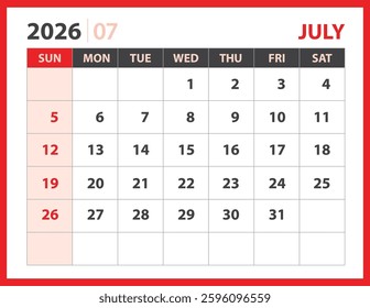 Calendar 2026 design vector, July 2026 template, Desk calendar 2026 template, planner layout, Week starts Sunday, Stationery. Wall calendar on red background, vector eps 10