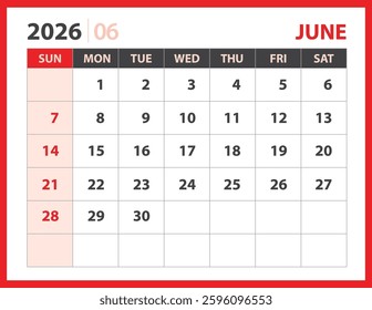 Calendar 2026 design vector, June 2026 template, Desk calendar 2026 template, planner layout, Week starts Sunday, Stationery. Wall calendar on red background, vector eps 10