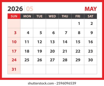 Calendar 2026 design vector, May 2026 template, Desk calendar 2026 template, planner layout, Week starts Sunday, Stationery. Wall calendar on red background, vector eps 10