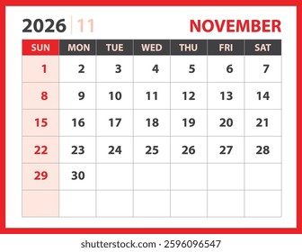 Calendar 2026 design vector, November 2026 template, Desk calendar 2026 template, planner layout, Week starts Sunday, Stationery. Wall calendar on red background, vector eps 10