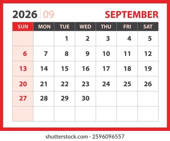 Calendar 2026 design vector, September 2026 template, Desk calendar 2026 template, planner layout, Week starts Sunday, Stationery. Wall calendar on red background, vector eps 10