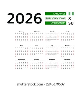 Calendar 2026 English language with Nigeria public holidays. Week starts from Sunday. Graphic design vector illustration.