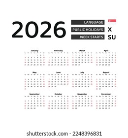 Calendar 2026 English language with Singapore  public holidays. Week starts from Sunday. Graphic design vector illustration.