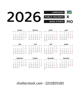 Calendar 2026 English language with Solomon Islands  public holidays. Week starts from Monday. Graphic design vector illustration.