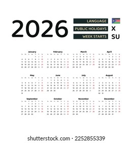Calendar 2026 English language with South Sudan public holidays. Week starts from Sunday. Graphic design vector illustration.