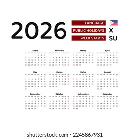 Calendar 2026 Filipino language with Philippines public holidays. Week starts from Sunday. Graphic design vector illustration.