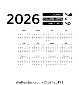 Calendar 2026 French language with Mali public holidays. Week starts from Monday. Graphic design vector illustration.