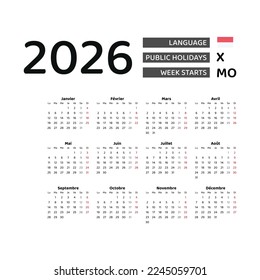 Calendar 2026 French language with Monaco public holidays. Week starts from Monday. Graphic design vector illustration.